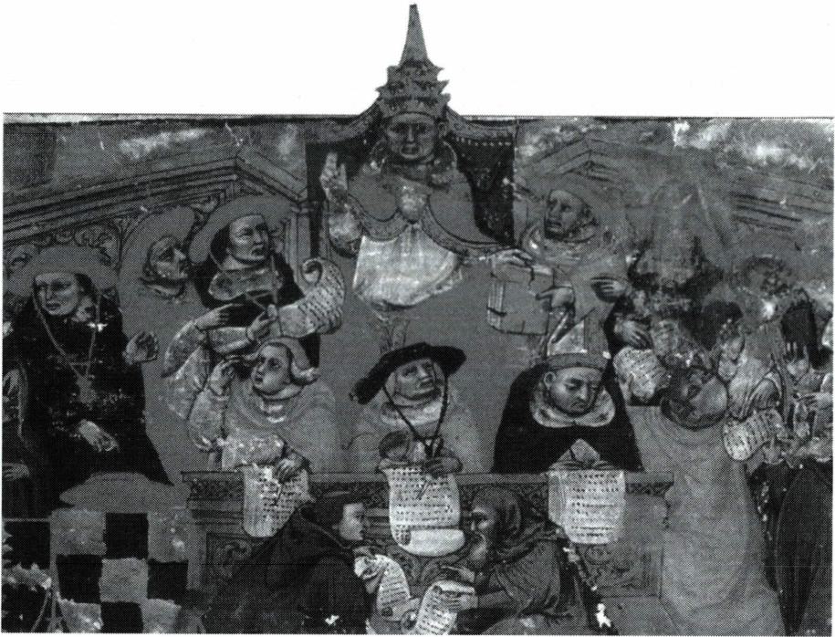 <우남 상탐>을 발표한, 추기경들에 둘러싸인 교황 보니파시오 8세.