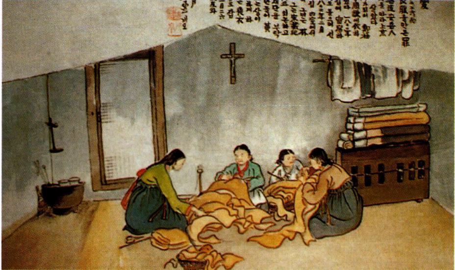 황사영을 피신시키기 위하여 상복을 만드는 최설애(탁희성 작) .