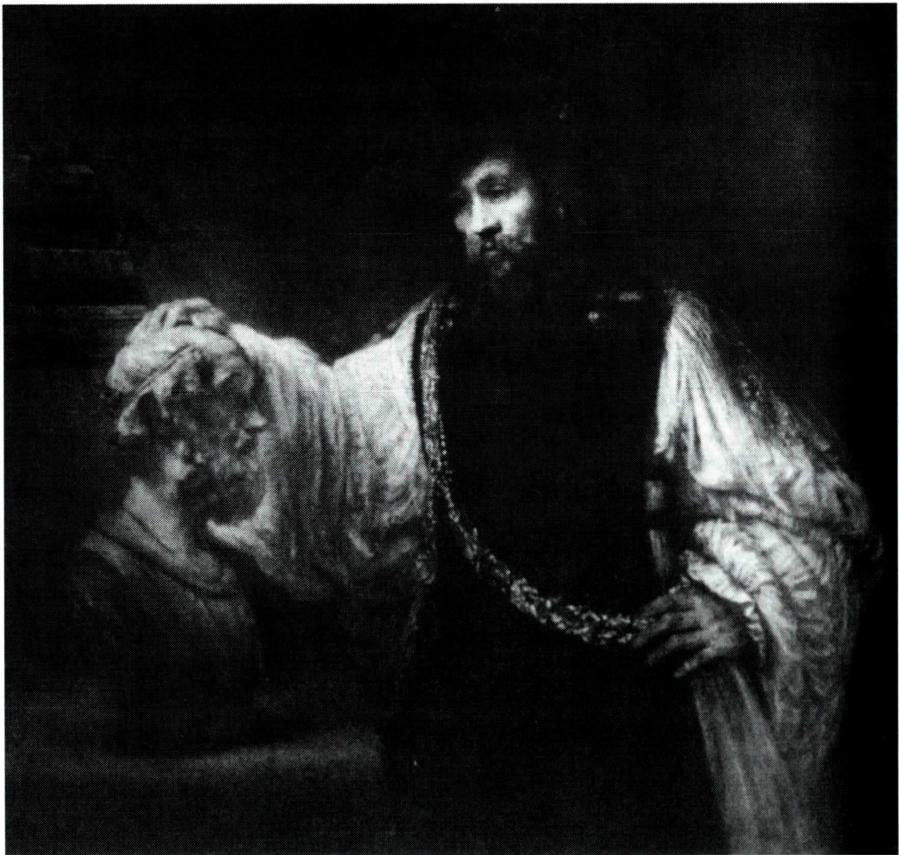 호머의 반신상을 완성하고 있는 아리스토텔레스.