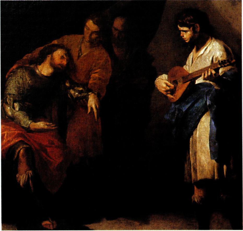 수금으로 사울의 조울증을 치료해 주는 다윗(라이덴 작) .