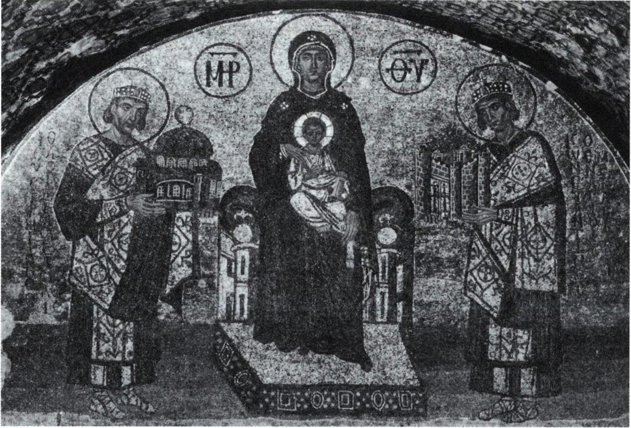 콘스탄틴 대제와 유스티니아누스 황제 사이의 성모와 아기 예수(하기아 소피아 성당 모자이크) .