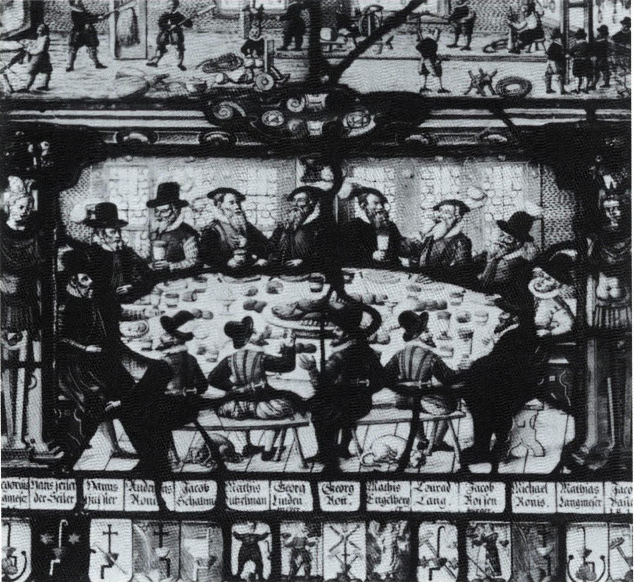 1615년에 있었던 원예가 동업 조합의 축제 모습. 참석자의 이름이 새겨져 있다.