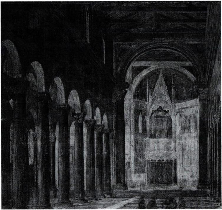 17세기경 인노첸시오 10세 교황에 의해 보수될 당시의 내부 모습을 그린 그림(왼쪽)과 라테란 궁전 전경.