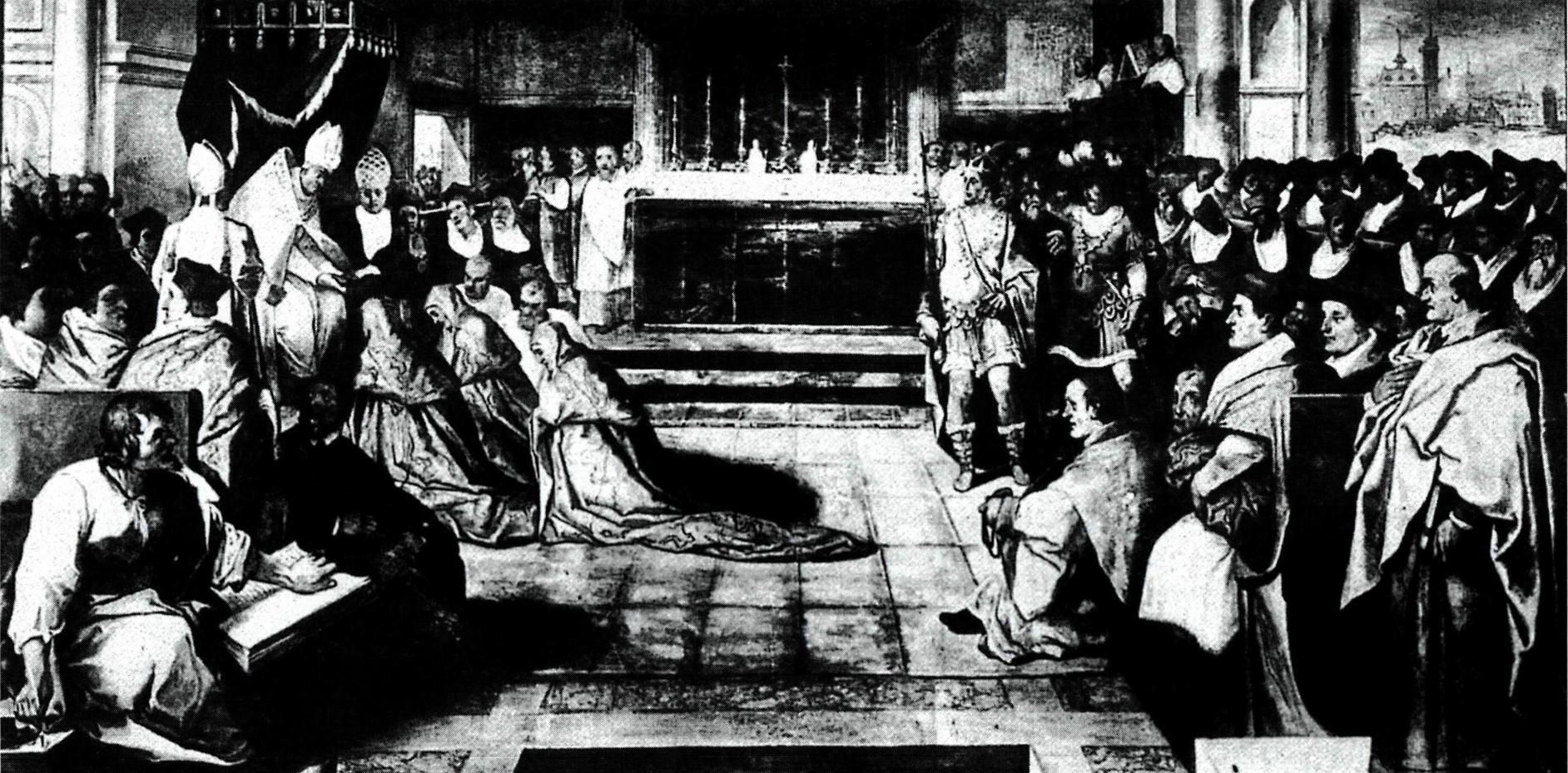 프리드리히 2세 황제가 제1차 리용 공의회에 파견한 사절들을 맞이하는 인노첸시오 4세 교황.