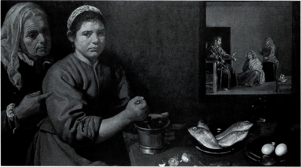 마리아가 예수의 발치에 앉아 말씀만 듣고 있는 것에 대해 불평하는 마르타(벨라스케즈 작) .