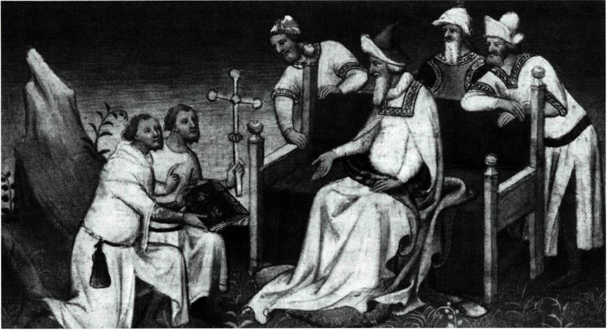 칸에게 십자가와 복음서를 주는 폴토 형제(위)와 칸의 세례.