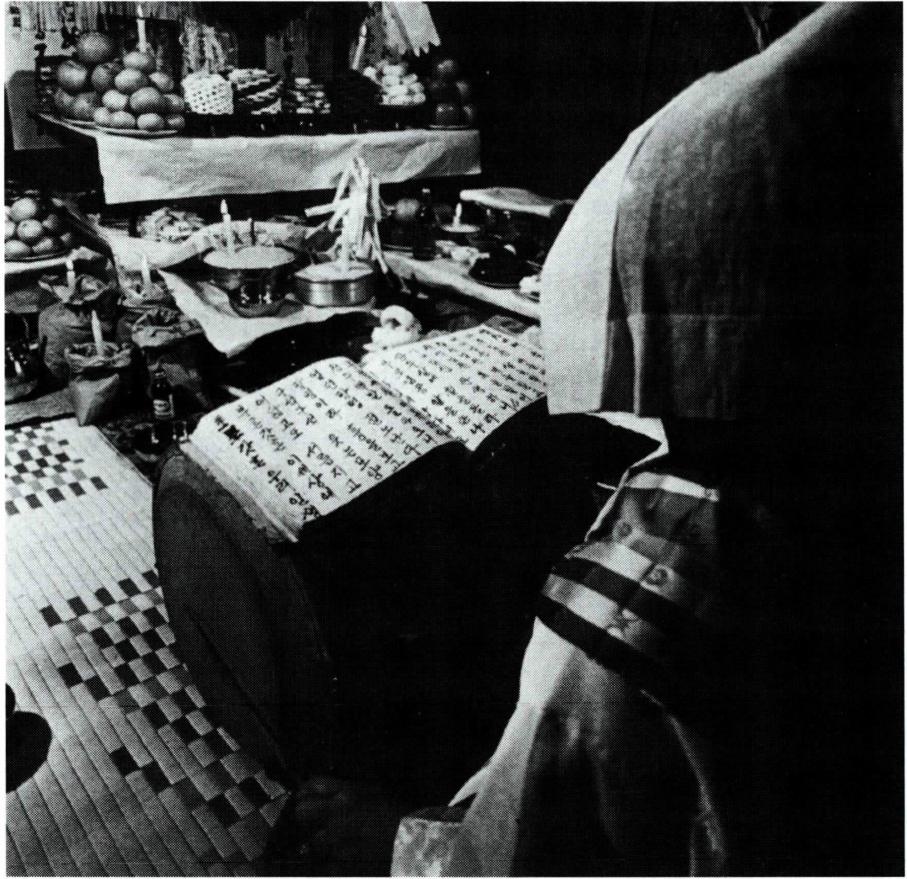 무가 책을 놓고 죽은 자를 위로하는 무당.