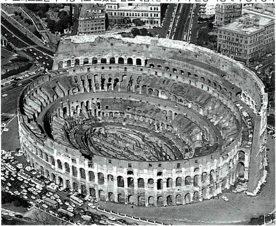 그리스도인의 처형지로 쓰였던 콜로세움(왼쪽)과 이 원형 극장에서 맹수형이나 화형을 당하는 그리스도인들.