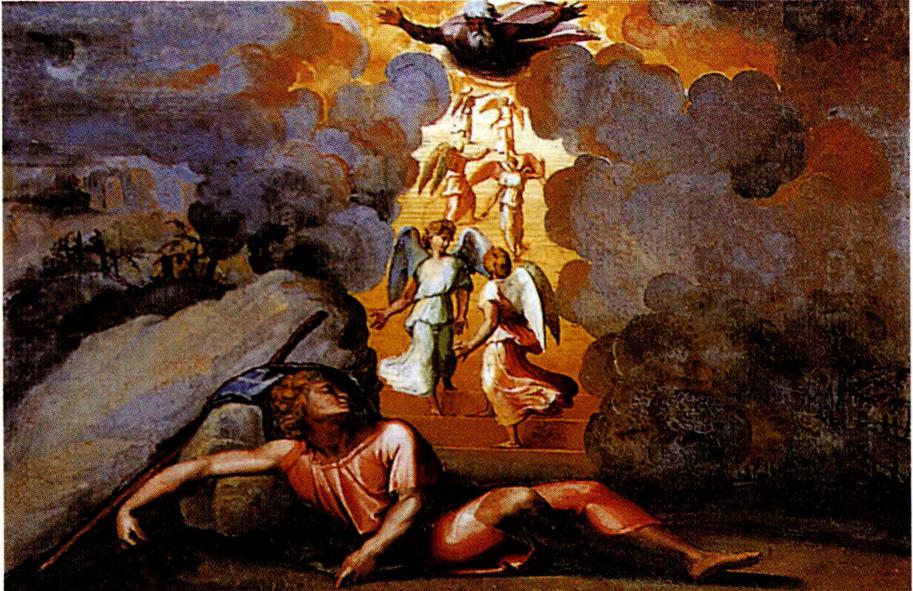 하룻밤을 지낸 야곱이 하늘에 닿는 사다리와 천사들의 환상을 본 후(왼쪽) 새로운 지명이 붙은 베델의 전경.