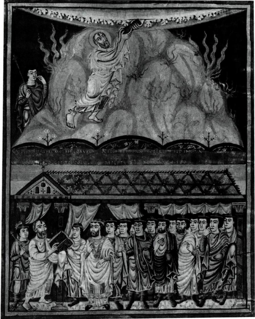 십계명을 받은 모세가 이스라엘 백성들에게 읽어 주고 있다.