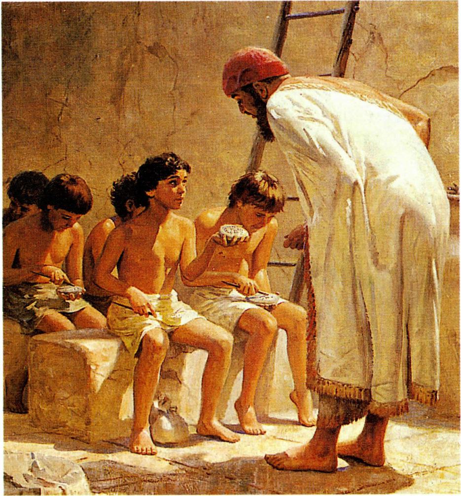 토판에 갈대 펜으로 글씨를 쓰는 수메르인의 학생들.