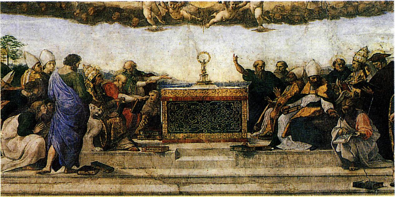 역사적으로 성체에 관한 신학적인 논쟁이 세 번 있었다(<성체 논쟁>, 라파엘로 작) .