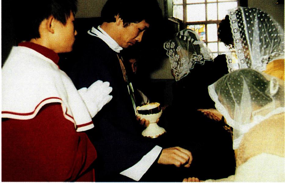 정규 성체 분배자는 성직자이며(왼쪽), 평신도로서 성체 분배권을 받은 사람은 '성찬 봉사자' 라고 한다.