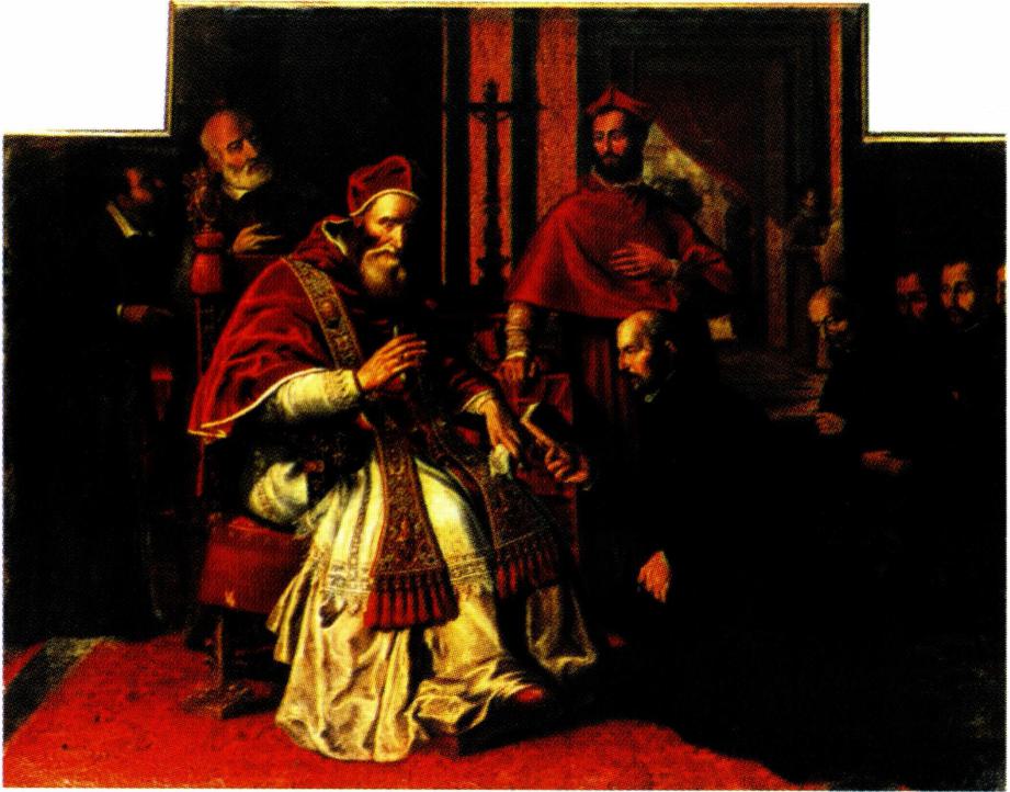 로올라의 이냐시오에게 예수회 설립 허가를 주는 교황 바오로 3세.