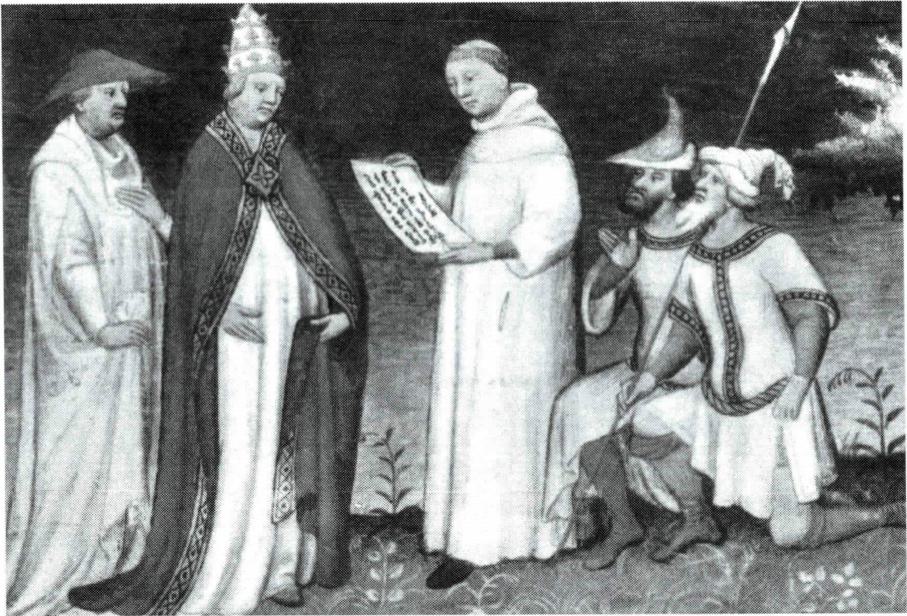 중국에 최초로 복음을 전한 몬테 코르비노의 요한(왼쪽)과 교황을 알현하는 몽골 대사.