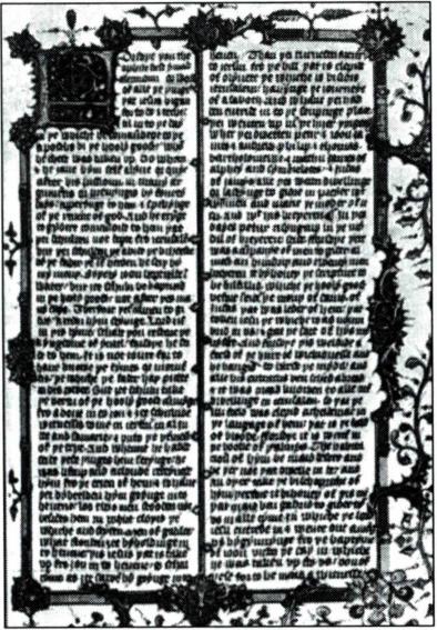 위클리프(왼쪽)와 그가 번역한 성서.