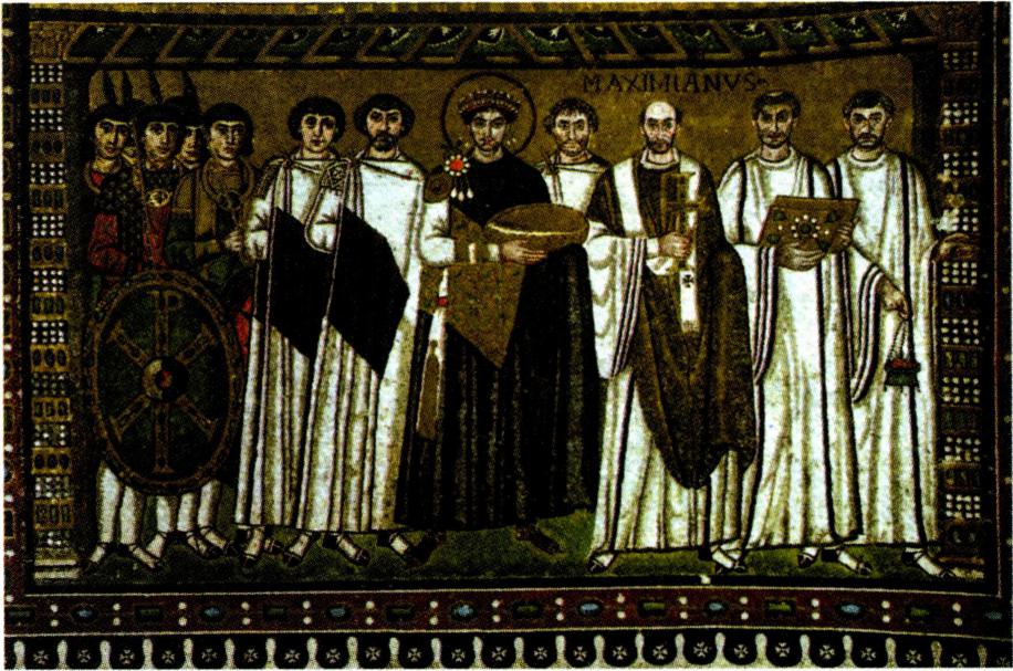 신하들과 함께한 《시민법 대전》의 후원자 유스티니아누스 1세 황제.