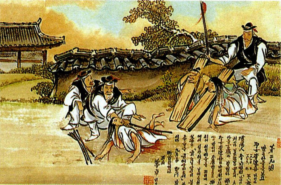 성 이연희 마리아를 배교시키기 위해 아들을 매질하는 포졸들(탁희성 작) .