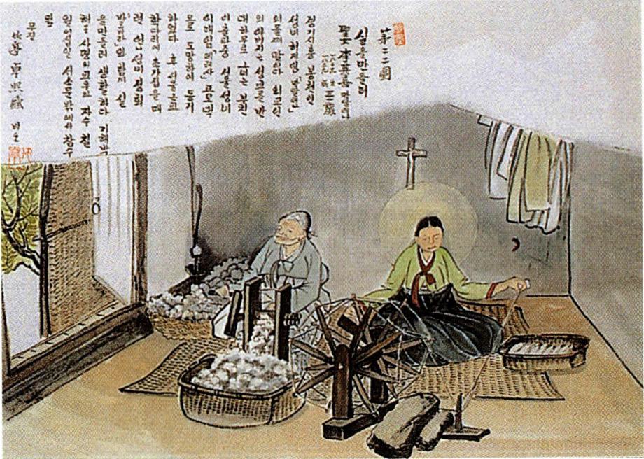 실을 만들어 생계를 유지한 이영희 막달레나(탁희성 작) .