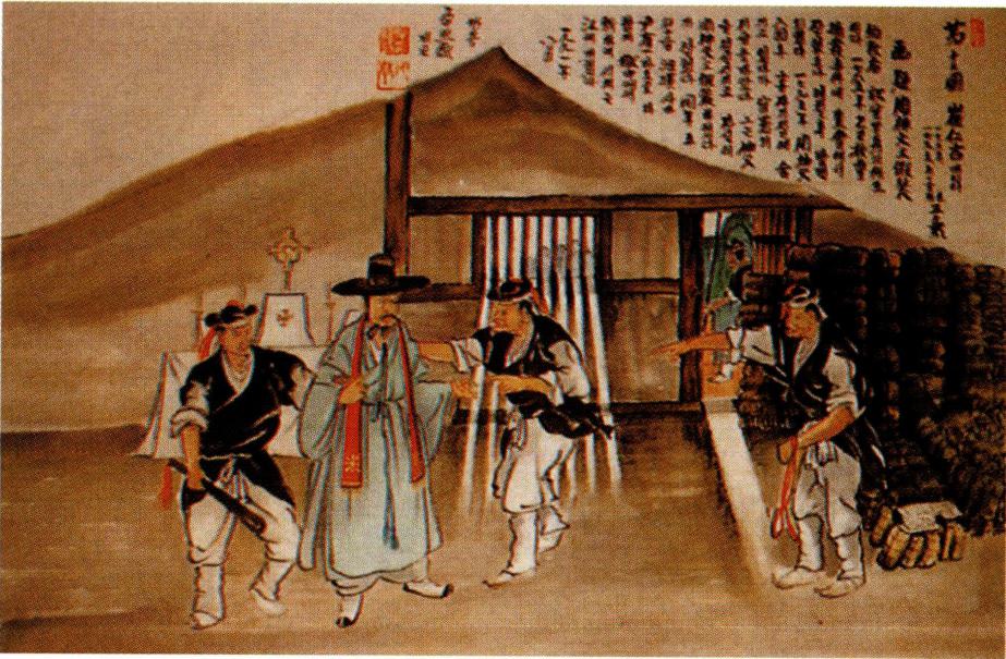 주문모 신부로 가장하고 체포당하는 최인길 마티아(탁희성 작) .