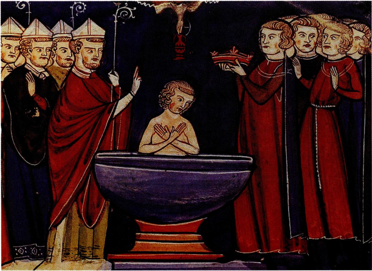 랭스의 주교 레미지오로부터 세례를 받는 클로비스 1세(496년) .